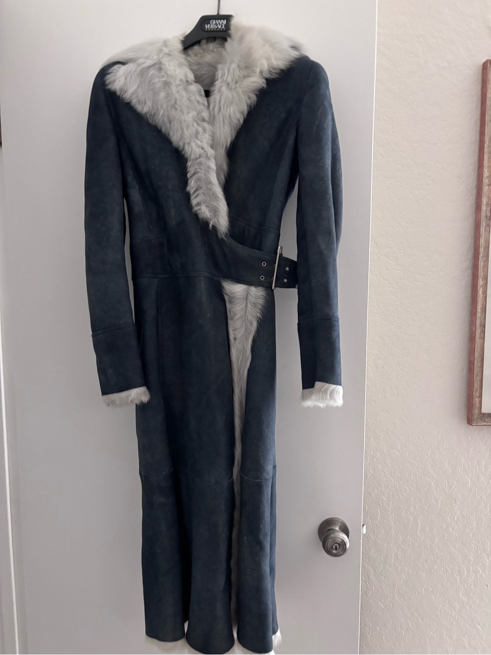Versace Long Suede Shearling Trench Coat in denim blue with Light Blue Fur Trim